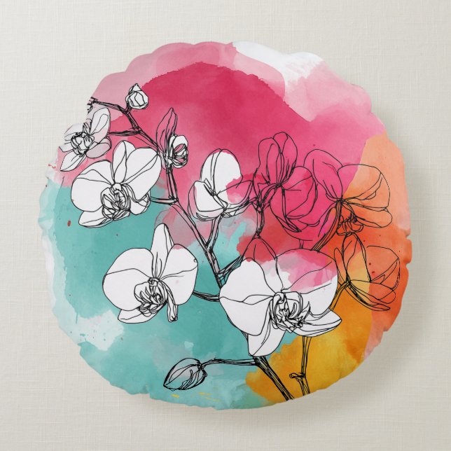 Waterverf Orchidee Bloom Ronde Kussen (Voorkant)