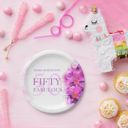 Waterverf Orchidee Flower 50th Birthday aangepaste Papieren Bordje (Feest)