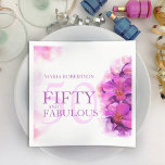 Waterverf Orchidee Flower 50th Birthday aangepaste Servet<br><div class="desc">Mooie gestileerde losse waterverf orchideeënbloem met hartvormige bloemblaadjes in paarse en roze kunst bloemenvijftig en fantastische 50ste verjaardagsservetten. Gekleurd in roze en paarse stralende orchideeëntinten. Bewerk deze servetten met je eigen naam. Uniek ontwerp en originele handgeschilderde waterverf gestileerde orchideeën door Sarah Trett voor www.mylittleeden.com op zazzle.</div>