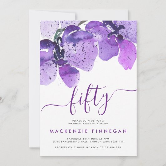 Waterverf Orchideeën Violet Vijftigste verjaardag Kaart (Voorkant)