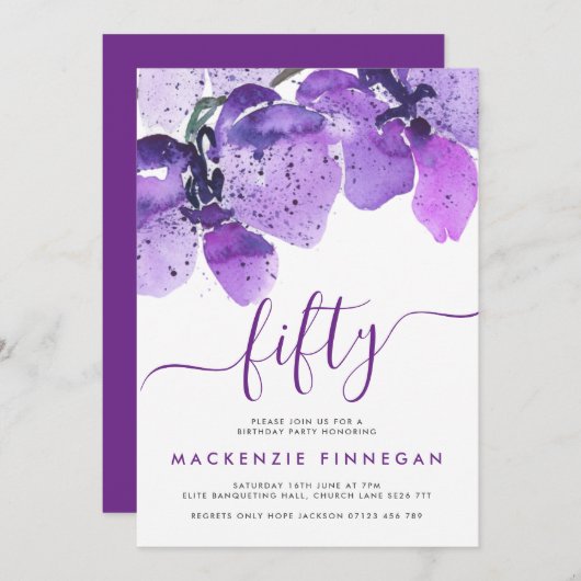 Waterverf Orchideeën Violet Vijftigste verjaardag Kaart (Voorkant / Achterkant)