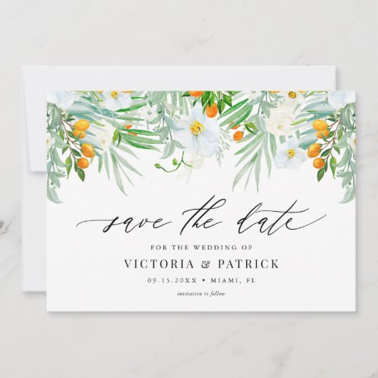 Waterverf Orchids en Kumquats Summer Wedding Save The Date (Voorkant)