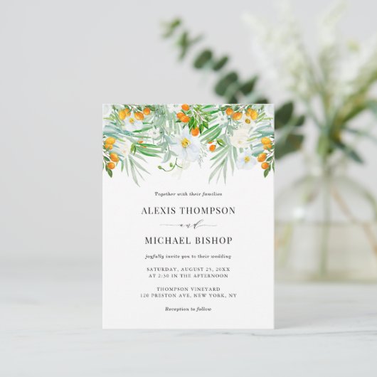 Waterverf Orchids en Kumquats Tropical Wedding Uitnodiging Briefkaart (Staand voorkant)