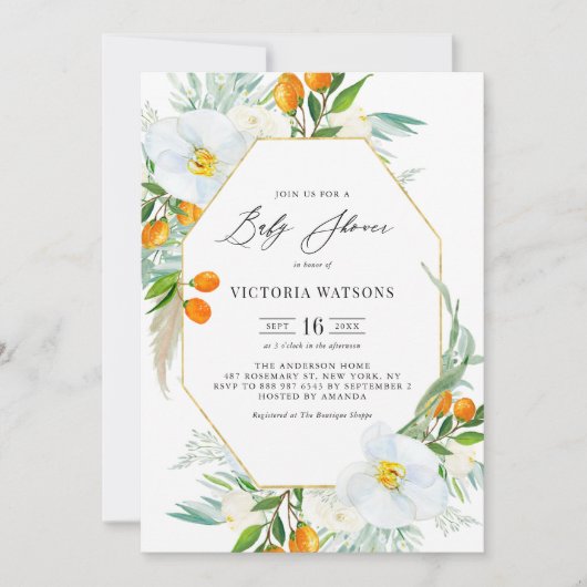 Waterverf Orchids & Kumquats Lijst Baby shower Kaart (Voorkant)