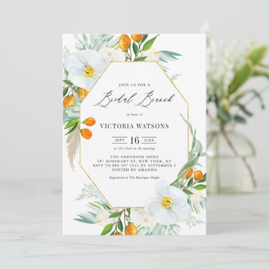 Waterverf Orchids & Kumquats Lijst Bridal Brunch Kaart (Staand voorkant)
