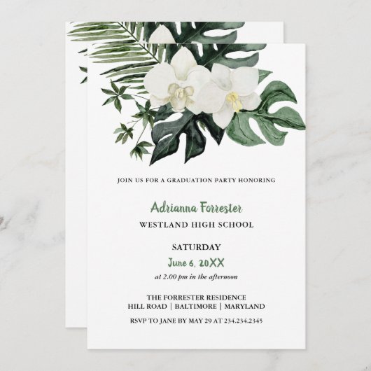 Waterverf Orchids Tropisch Monstera Afstuderen Kaart (Voorkant / Achterkant)