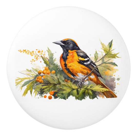Waterverf Oriole op tak en bessen Keramische Knop (Voorkant)