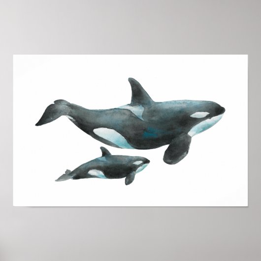 Waterverf Orka Moeder en Baby Poster (Voorkant)