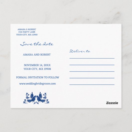 WATERVERF OTOMI BIRDS - NAVY Save the date Briefkaart (Achterkant)