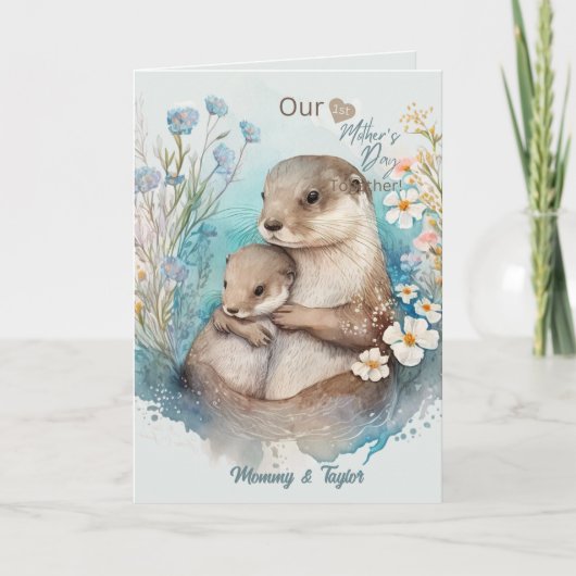 Waterverf Otter en Baby, eerste Moederdag Kaart (Voorkant)