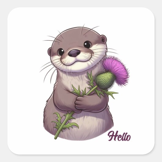 Waterverf Otter en distel Vierkante Sticker (Voorkant)