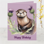 Waterverf Otter en Thistles Verjaardag Kaart (Gele Bloem)