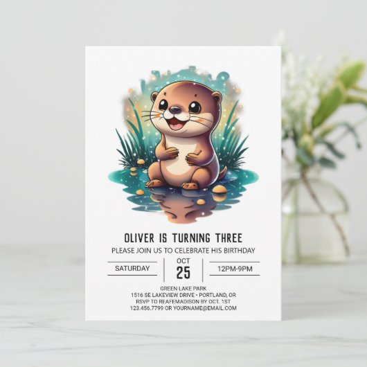 Waterverf Otter Fantasy Verjaardagsuitnodiging Kaart (Staand voorkant)