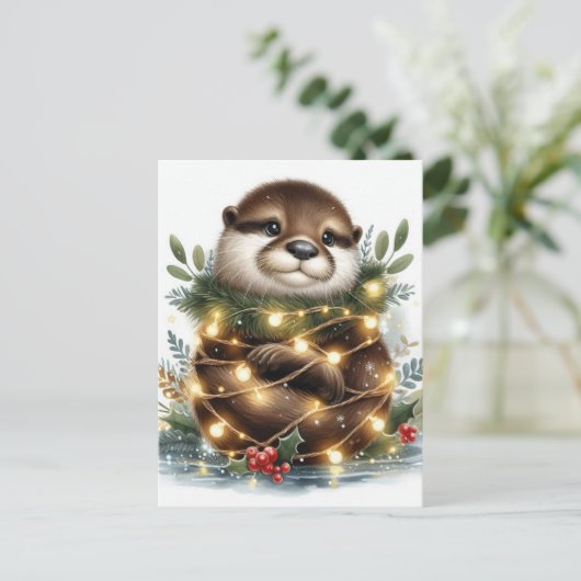 Waterverf Otter kerstverlichting Briefkaart (Staand voorkant)