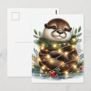 Waterverf Otter kerstverlichting Briefkaart