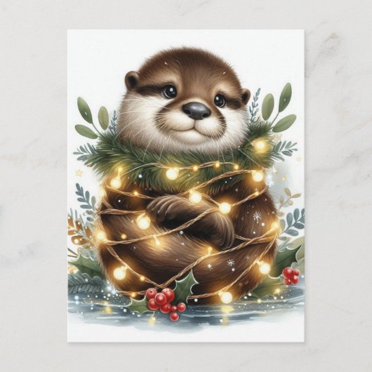 Waterverf Otter kerstverlichting Briefkaart (Voorkant)