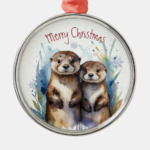 Waterverf Otter Paar Winter Dierlijke Kunst Metalen Ornament