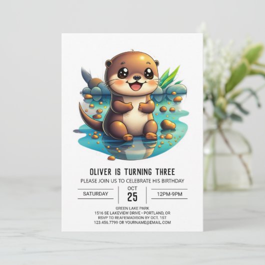 Waterverf Otter Verjaardagsuitnodiging Kaart (Staand voorkant)