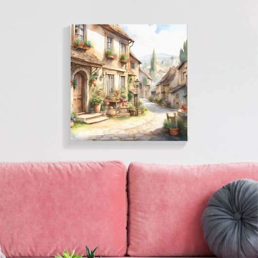 Waterverf oud Europees dorpje met rustiek uitzicht Canvas Afdruk (Insitu (Woonkamer))