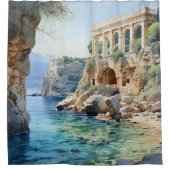 Waterverf Oude Griekse kustruïnes Douchegordijn (Voorkant)