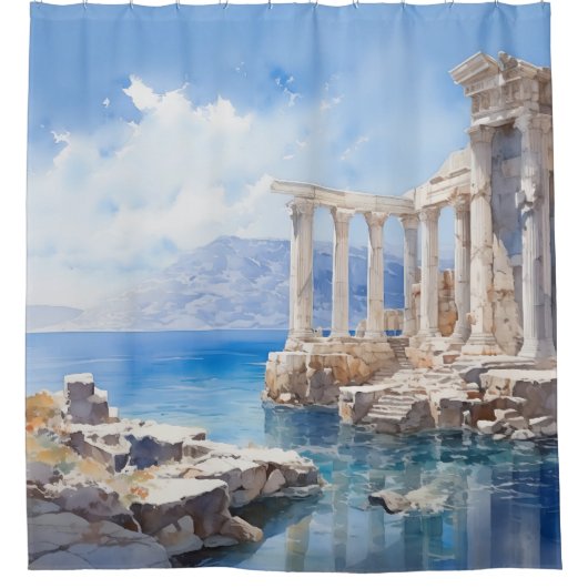 Waterverf Oude Griekse kustruïnes Douchegordijn (Voorkant)
