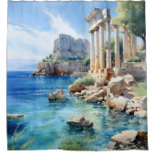 Waterverf Oude Griekse kustruïnes Douchegordijn (Voorkant)