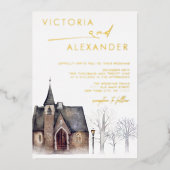 Waterverf Oude Kerk Sneeuw Winter Bruiloft Folie Uitnodiging (Voorkant)