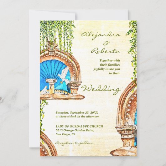 Waterverf oude Mexicaanse boog en fontein bruiloft Kaart (Voorkant)