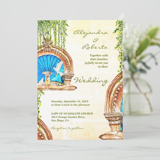 Waterverf oude Mexicaanse boog en fontein bruiloft Kaart (Staand voorkant)