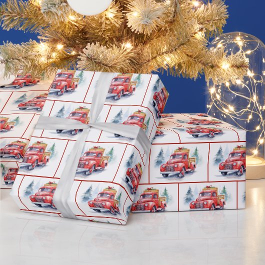 Waterverf oude rode truck in sneeuw cadeaupapier (Feestdagen)
