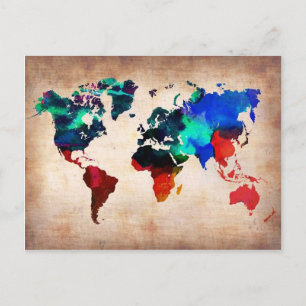 Waterverf oude wereldkaart schattig briefkaart