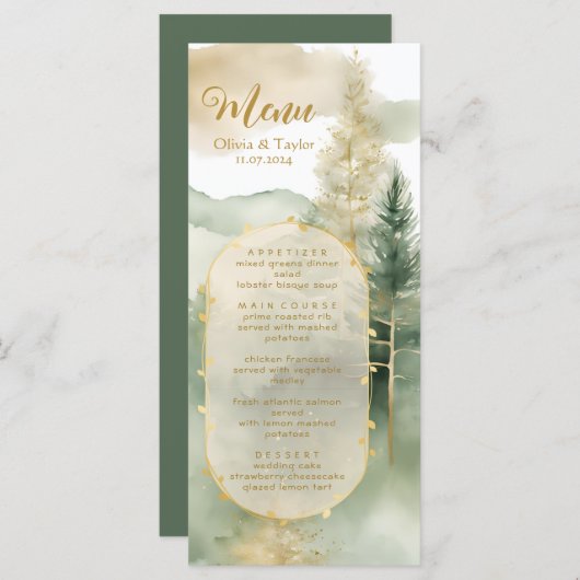 Waterverf Outdoor Pine Trees Forest Wedding Menu (Voorkant / Achterkant)
