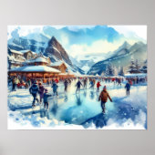 Waterverf Outdoor Schaatsen Winterresort Poster (Voorkant)