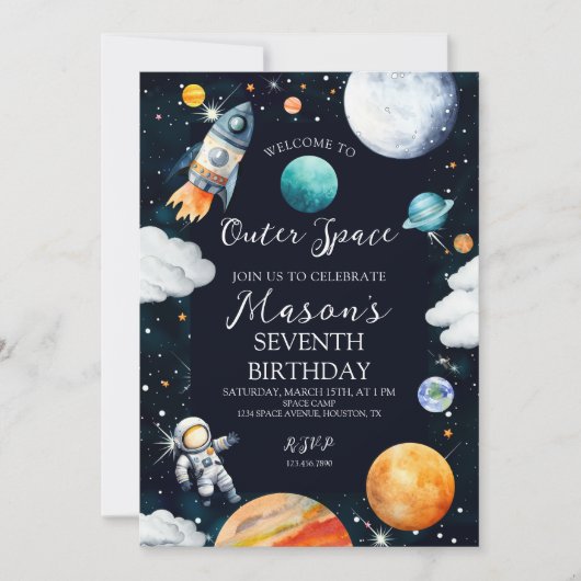 Waterverf Outer Space Adventure Verjaardagsjongen Kaart (Voorkant)