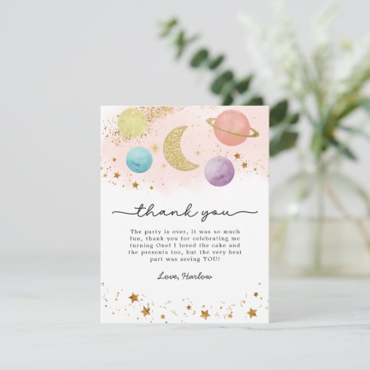 Waterverf Outer Space Two the Moon Dank je kaart (Staand voorkant)