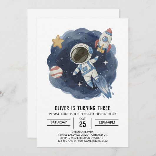Waterverf Outerspace Digital Astronaut Verjaardag Kaart (Voorkant / Achterkant)