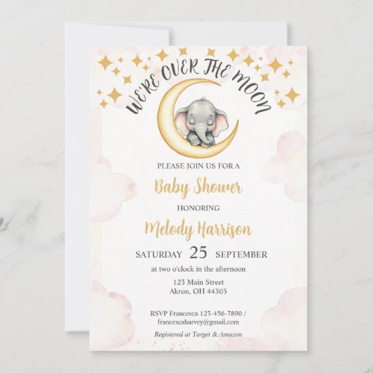 Waterverf over de maan olifant Baby shower Kaart (Voorkant)