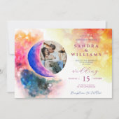 Waterverf over Moon Couple Foto Ombre Wedding Kaart (Voorkant)