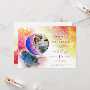 Waterverf over Moon Couple Foto Ombre Wedding Kaart