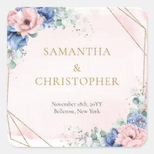 Waterverf overdadig boeket blos en blauw bloemen vierkante sticker