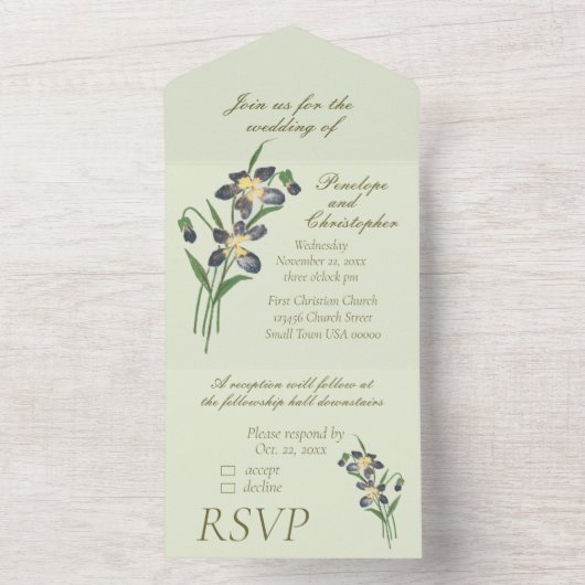  Waterverf Overtredingen Sage Green Wedding All In One Uitnodiging (Binnen)
