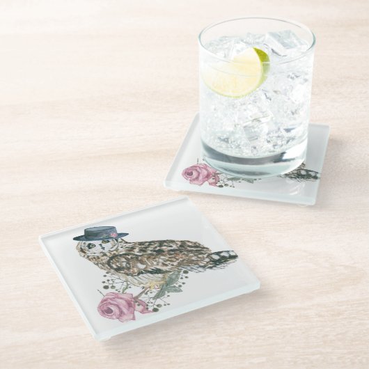 Waterverf Owl Glazen Onderzetter (Schuin)
