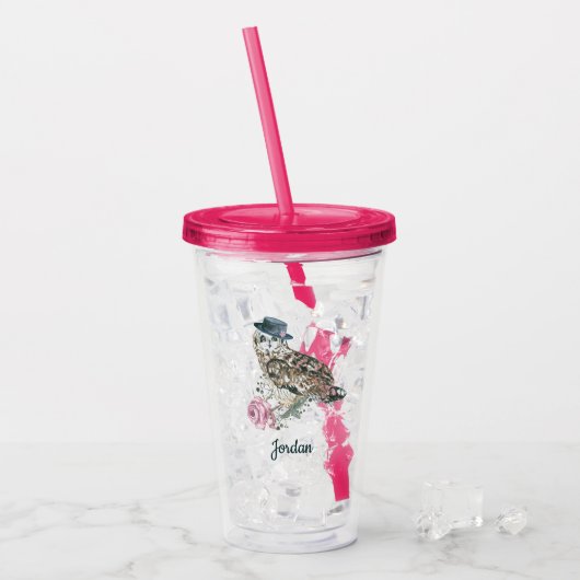 Waterverf Owl | Jouw namen toevoegen Acryl Drinkbeker (Voorkant ijs)