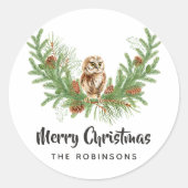 Waterverf Owl Kerstmis Ronde Sticker (Voorkant)