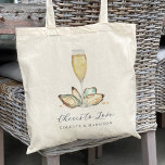 Waterverf Oyster & Pearl "Hoera voor de liefde" Tote Bag<br><div class="desc">Plannen van een zeevruchten thema of oester gebraden repetitie diner, verlovingsfeest, of bruiloft? Onze chique canvas tassen aan de kust zijn voorzien van softcream en aqua waterverf oester en parelillustraties rond een champagnefluit, met twee regels aangepaste tekst in klassiek marineblauw. Getoond met "Cheers to Love" in elegant script, en je...</div>
