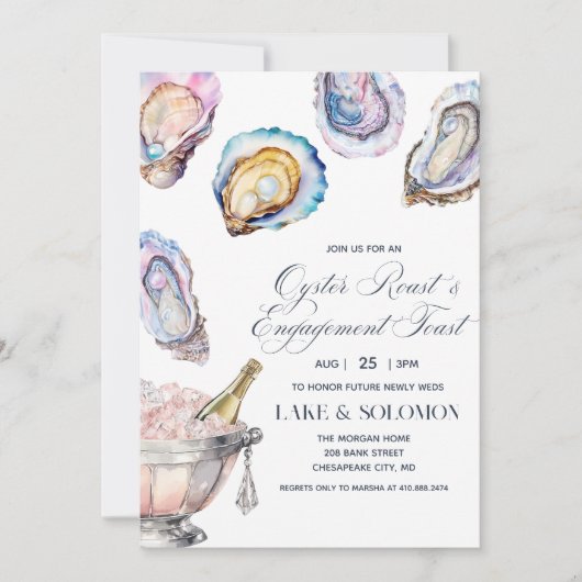 Waterverf Oyster Roast & Champagne Verloving Kaart (Voorkant)