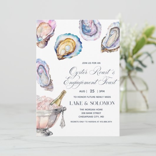 Waterverf Oyster Roast & Champagne Verloving Kaart (Staand voorkant)