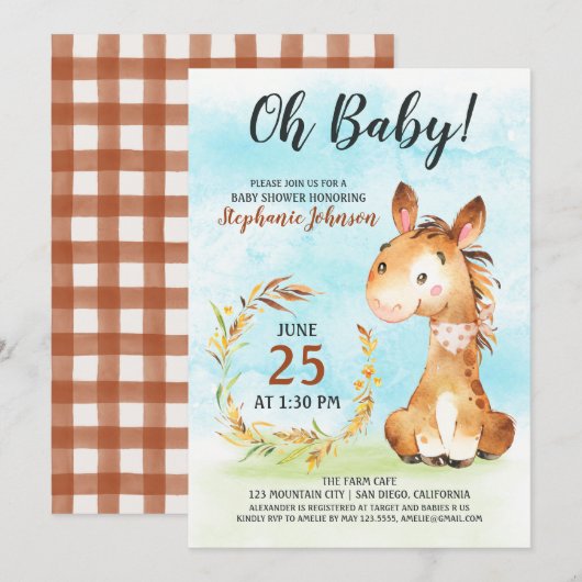 Waterverf Paard Baby shower Boerderij Uitnodiging (Voorkant / Achterkant)