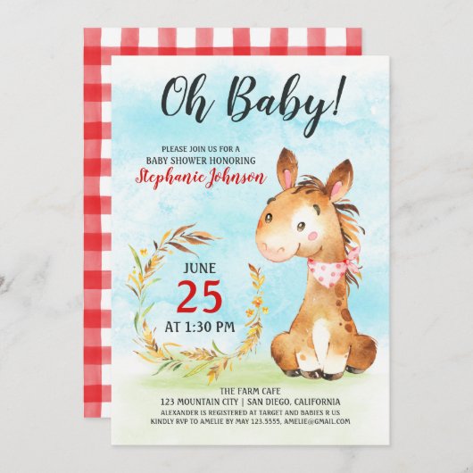 Waterverf Paard Baby shower Boerderij Uitnodiging (Voorkant / Achterkant)