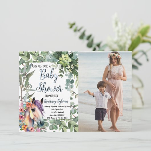 Waterverf Paard Bloemen Custom Foto Baby shower Kaart (Staand voorkant)